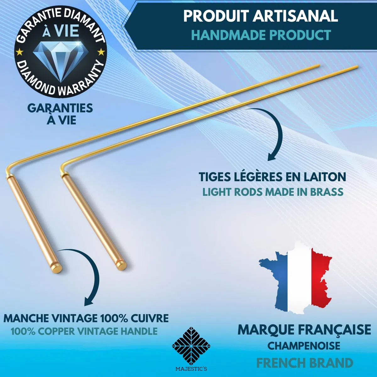 Majestic's Varillas Radiestesia Premium & Pendulo Adivinacion - Varillas de Zahori en Latón y Mango de Cobre – Varita de Radiestesia para Buscar Agua, Adivinación, Geobiología