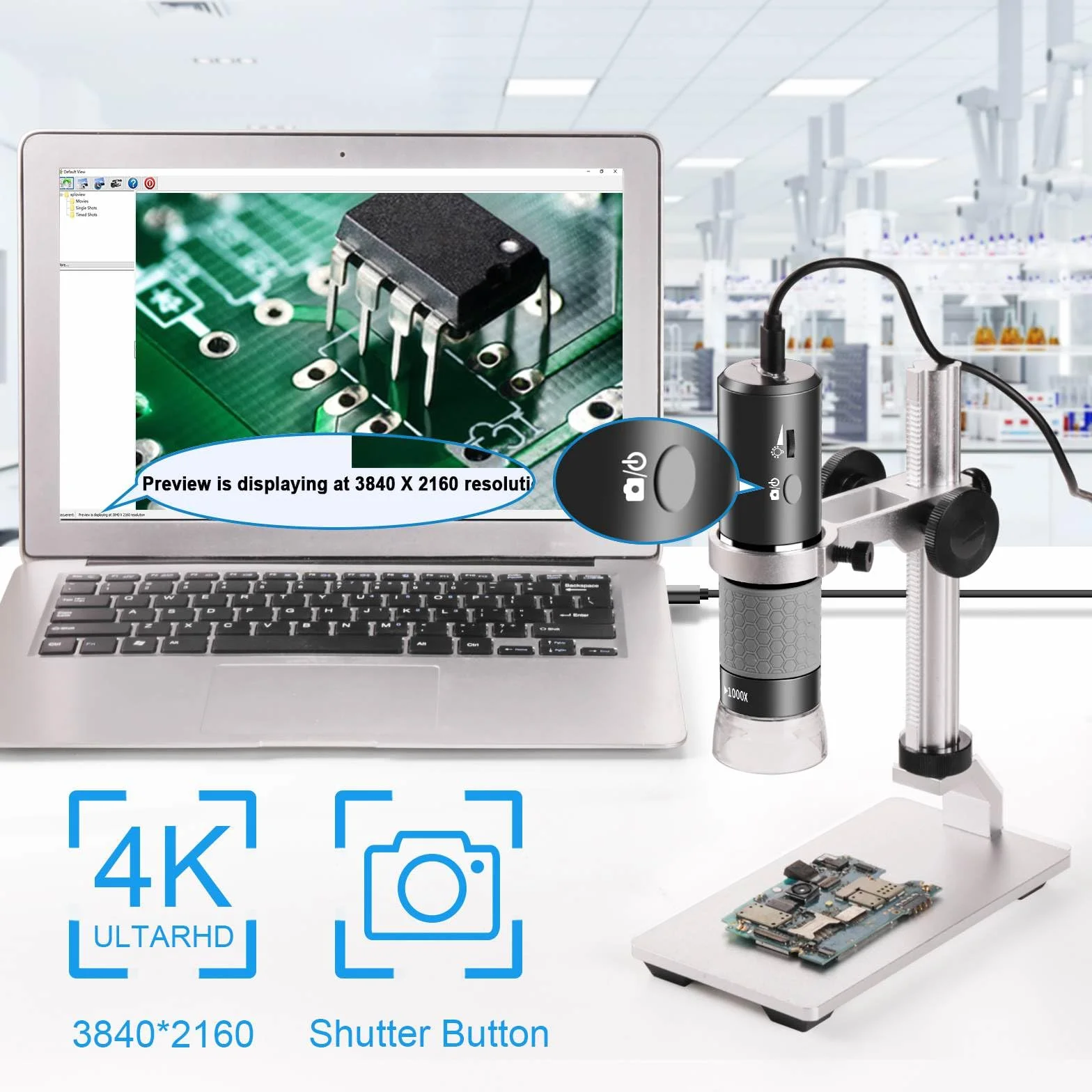 4K Microscopio WiFi con Soporte Profesional + Estuche, 50-1000X Microscopio Digital USB HD Cámara, para iPhone iPad Android Windows Mac Chrome Linux