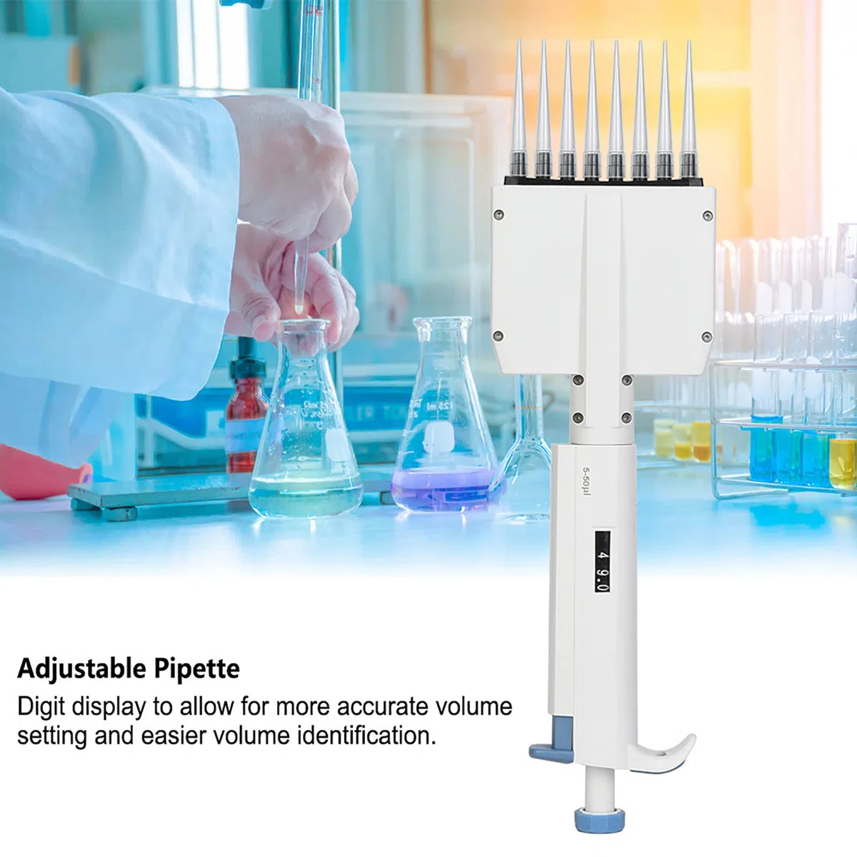 Pipeta Mecánica Ajustable Manual de Volumen Variable de 8 Canales, 5-50 μl, Pipeta, Herramienta de Laboratorio, Accesorio Multifuncional para Uso Doméstico
