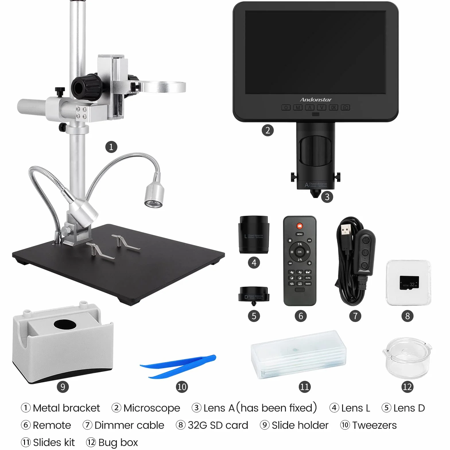 Andonstar AD246-M Microscopio Digital para Adultos, Microscopio de Soldadura de 3 Lentes, grabación de vídeo FHD 1080P, LCD de 7 Pulgadas 500x, Kit de microscopio biológico con Tarjeta 32G