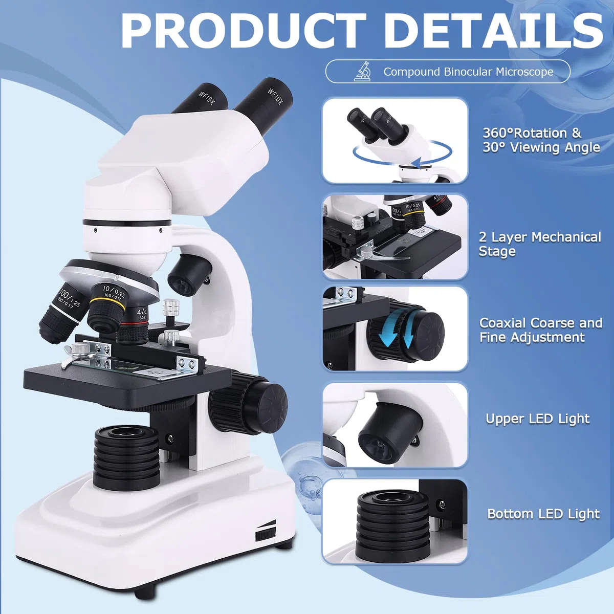Microscopio para adultos y niños, microscopio binocular 40-2500X para laboratorio escolar y escuela en casa, con etapas mecánicas, juego de diapositivas y soporte para teléfono