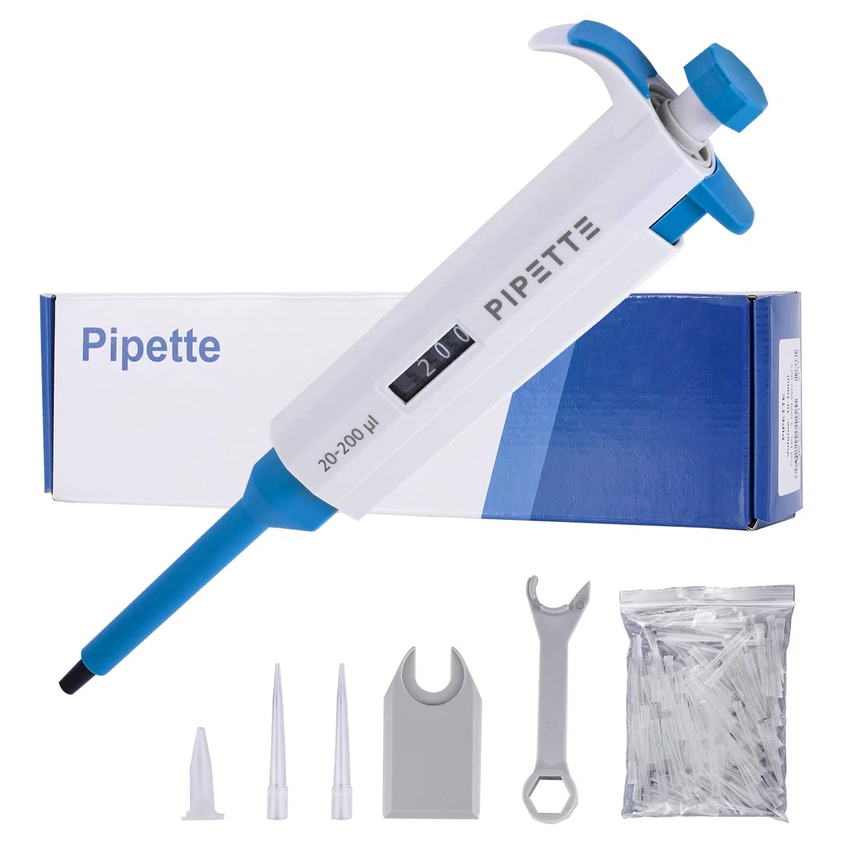 BAOSHISHAN Micropipeta Micro Pipeta de Laboratorio Pipetas Monocanal Ajustable Esterilizable en Autoclave(20-200μl) con 200 Puntas de Pipeta