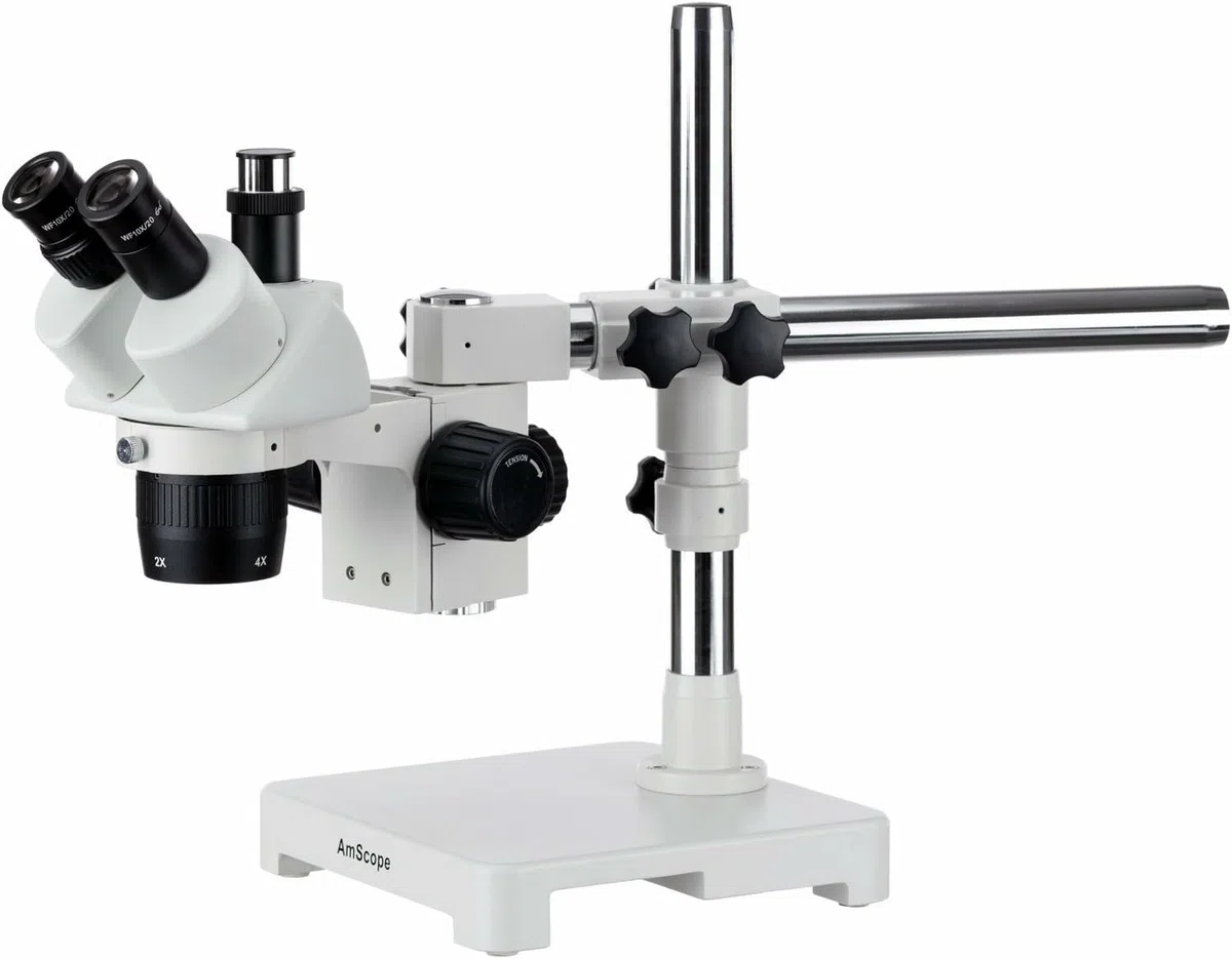 AmScope Microscopio estéreo trinocular SW-3T24Z, oculares WH10x, ampliación 20X/40X/80X, Objetivo 2X/4X, Soporte de Brazo único, Incluye Lente Barlow 2.0X