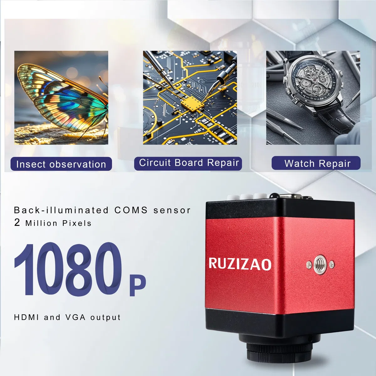 Microscopio Digital, 13MP 1080P HDMI Tipo-C/USB Cámara de Vídeo Industrial para Microscopios, Objetivo con Montura C y Zoom 150X, Soporte Plegable, Luz LED