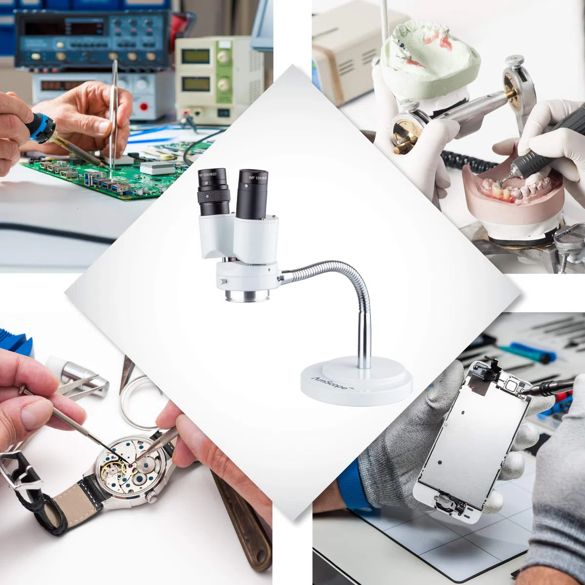 AmScope - Microscopio estéreo binocular de aumento 8X w/360 Revolve - Dental, laboratorio, reparación electrónica, soldadura, iluminador de cuello de cisne tienda - SE508