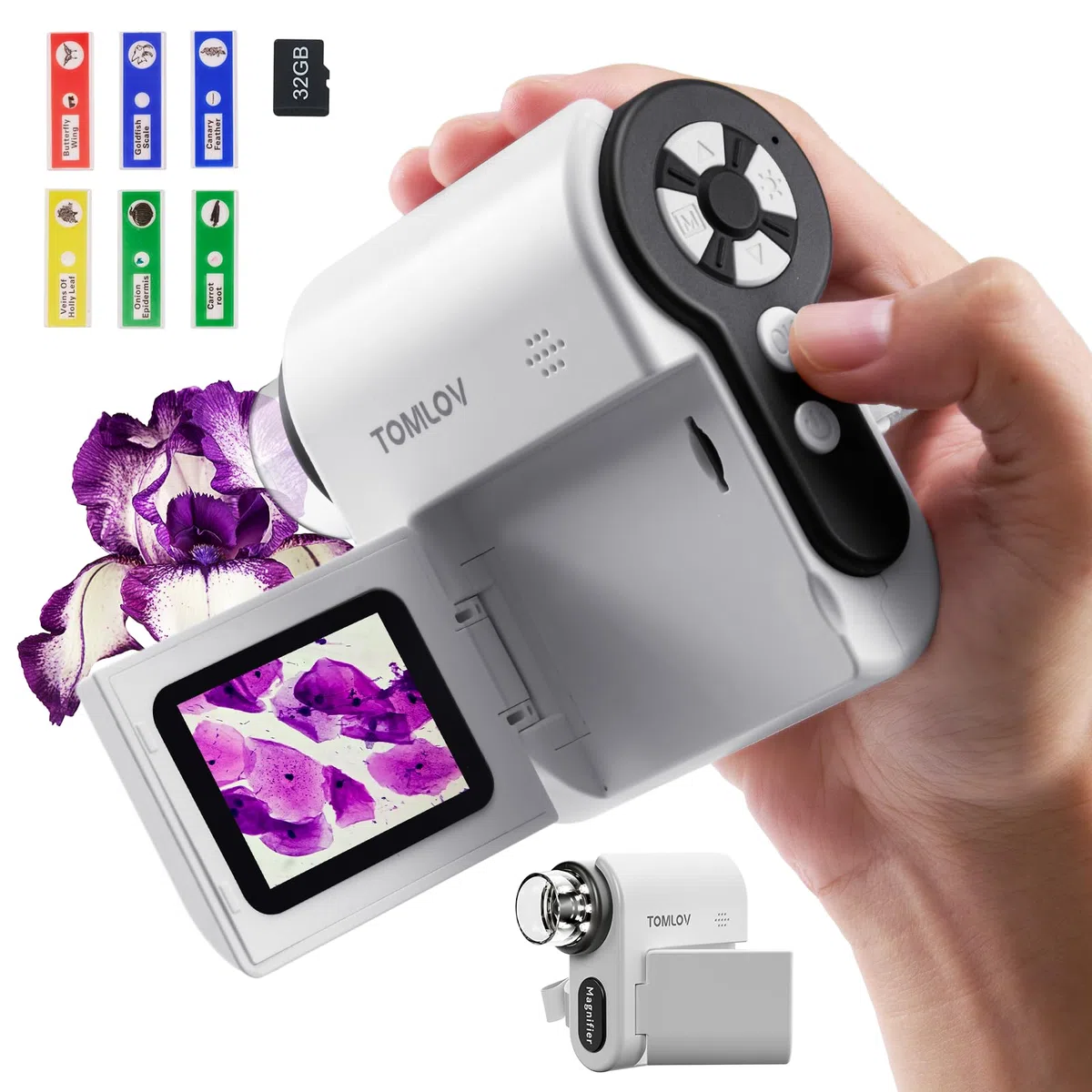 TOMLOV P20 Microscopio Digital Portátil para Niños, Miniscopio Multifuncional, Cámara DV 1080P Portátil con Pantalla LCD Plegable de 2", Compatible con MacOS y Windows, 4 Horas, 6 Preparaciones, 32GB