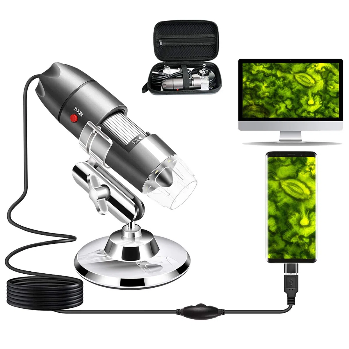 Cámara de microscopio USB de 40X a 1000X, microscopio Digital con Estuche de Transporte, Compatible con Android Windows 7 8 10 Linux Mac, microscopio portátil para niños, Estudiantes y Adultos (Gris)