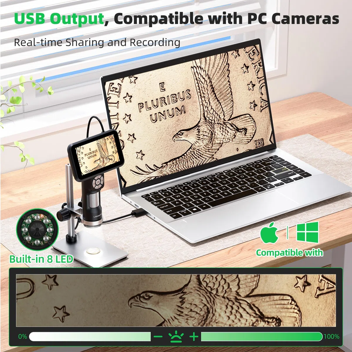 Microscopio digital HDMI 4K para monedas, video UHD 3840P, cámara de microscopio 4K de 1200X con pantalla de 5 pulgadas, lupa de monedas de mano para adultos, 8 luces LED, soporte de metal