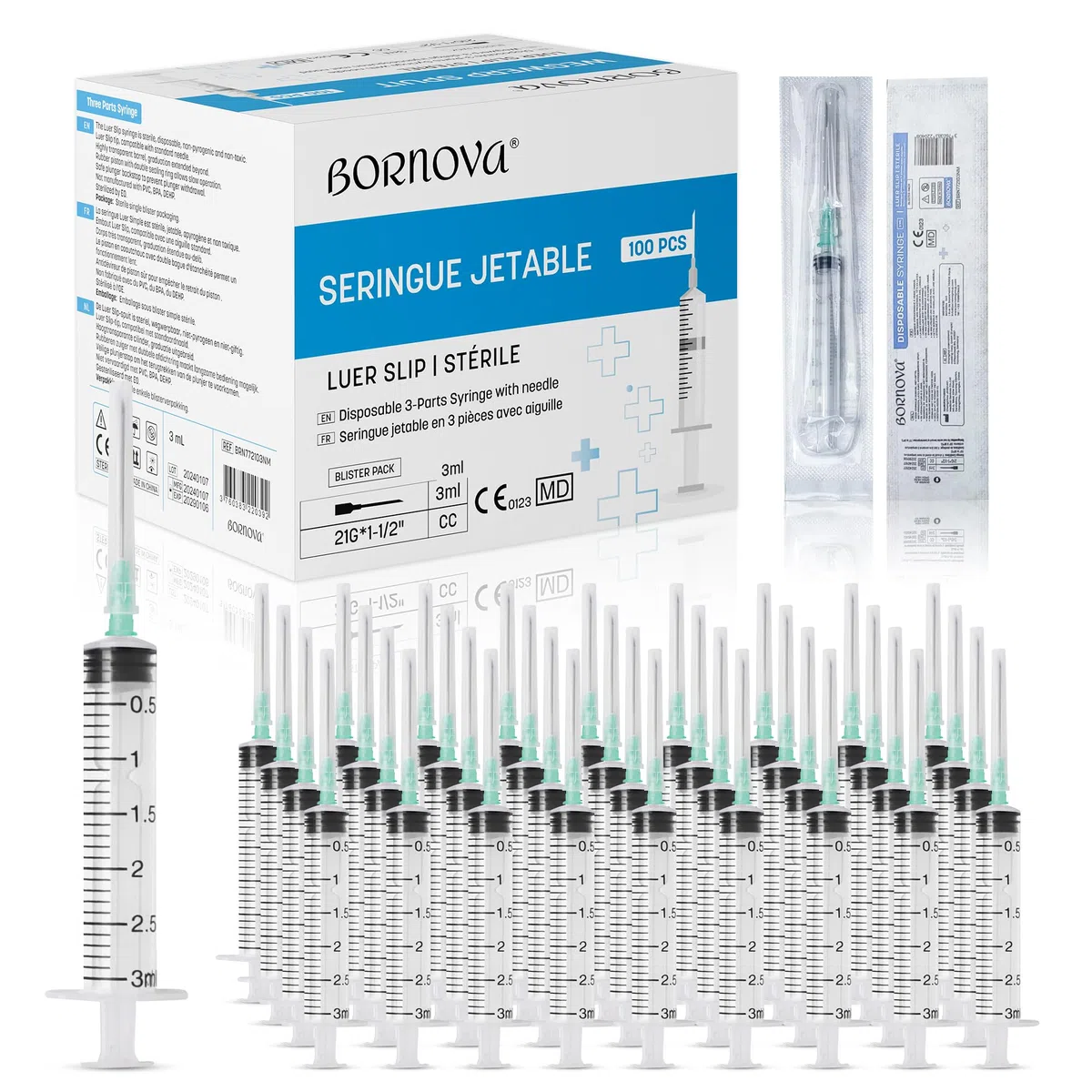BORNOVA - 3 ML /100 unidades - Dispensadores de líquidos con Luer Slip de 21G (preensamblados). Dispensadores de plástico , ideales para la medición precisa de líquidos. (3 ml / 100 unidades).