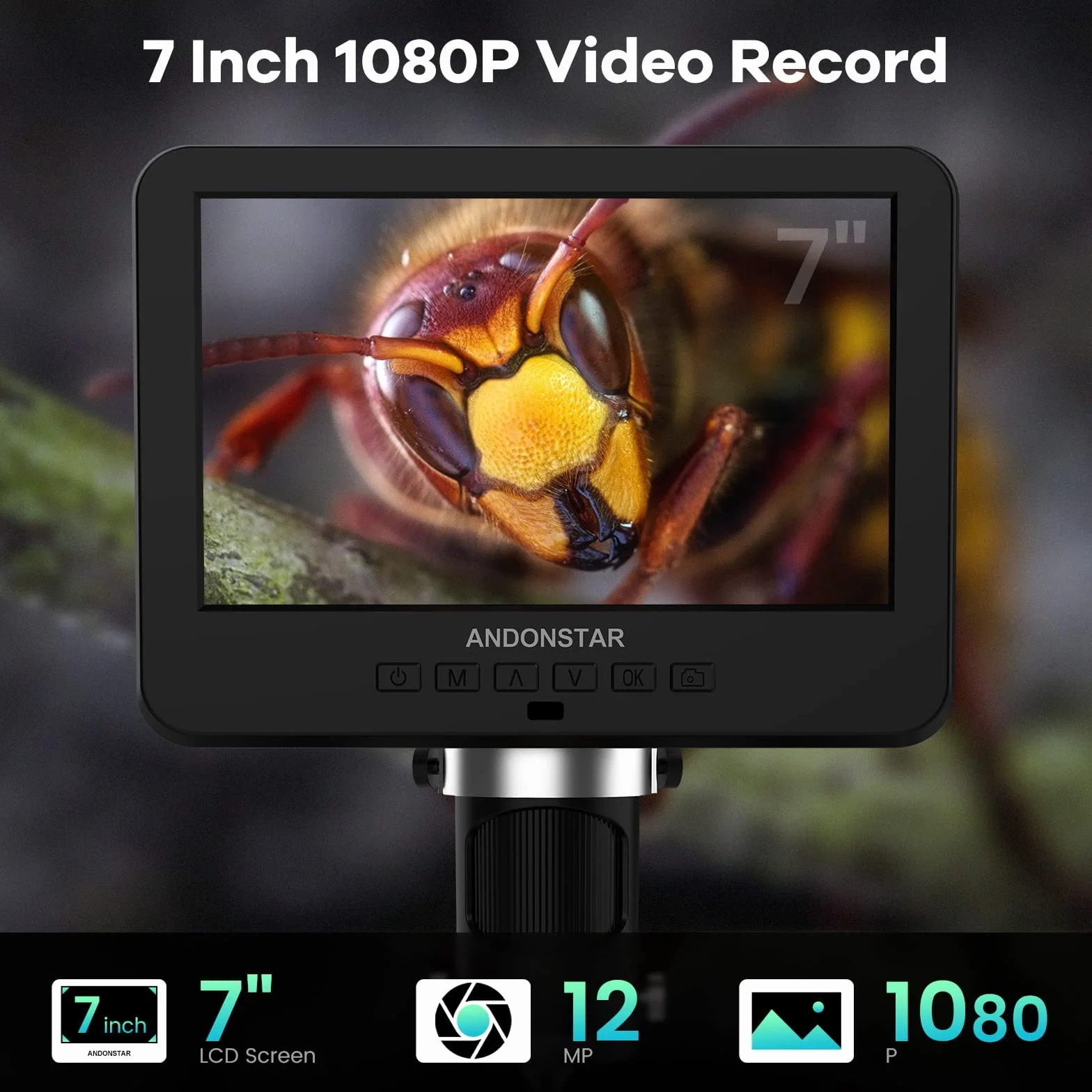 Andonstar AD246-M Microscopio Digital para Adultos, Microscopio de Soldadura de 3 Lentes, grabación de vídeo FHD 1080P, LCD de 7 Pulgadas 500x, Kit de microscopio biológico con Tarjeta 32G