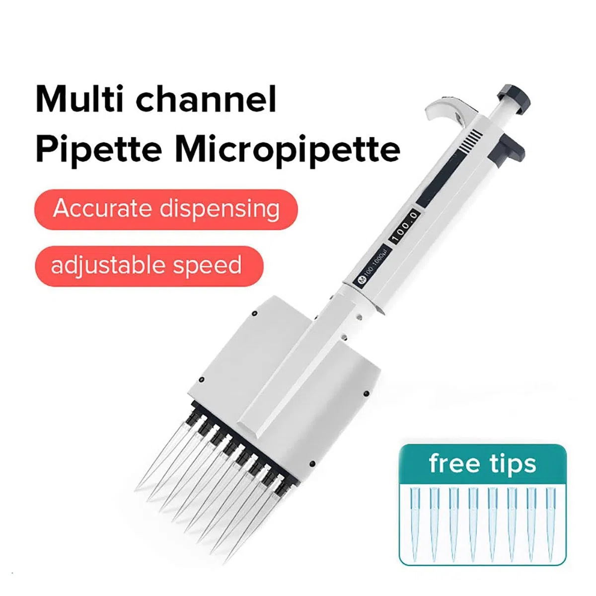 Micropipeta de volumen ajustable de 12 canales de 50 μl, pipeta de laboratorio multicanal con cabezal giratorio de 360° para una transferencia precisa de líquidos