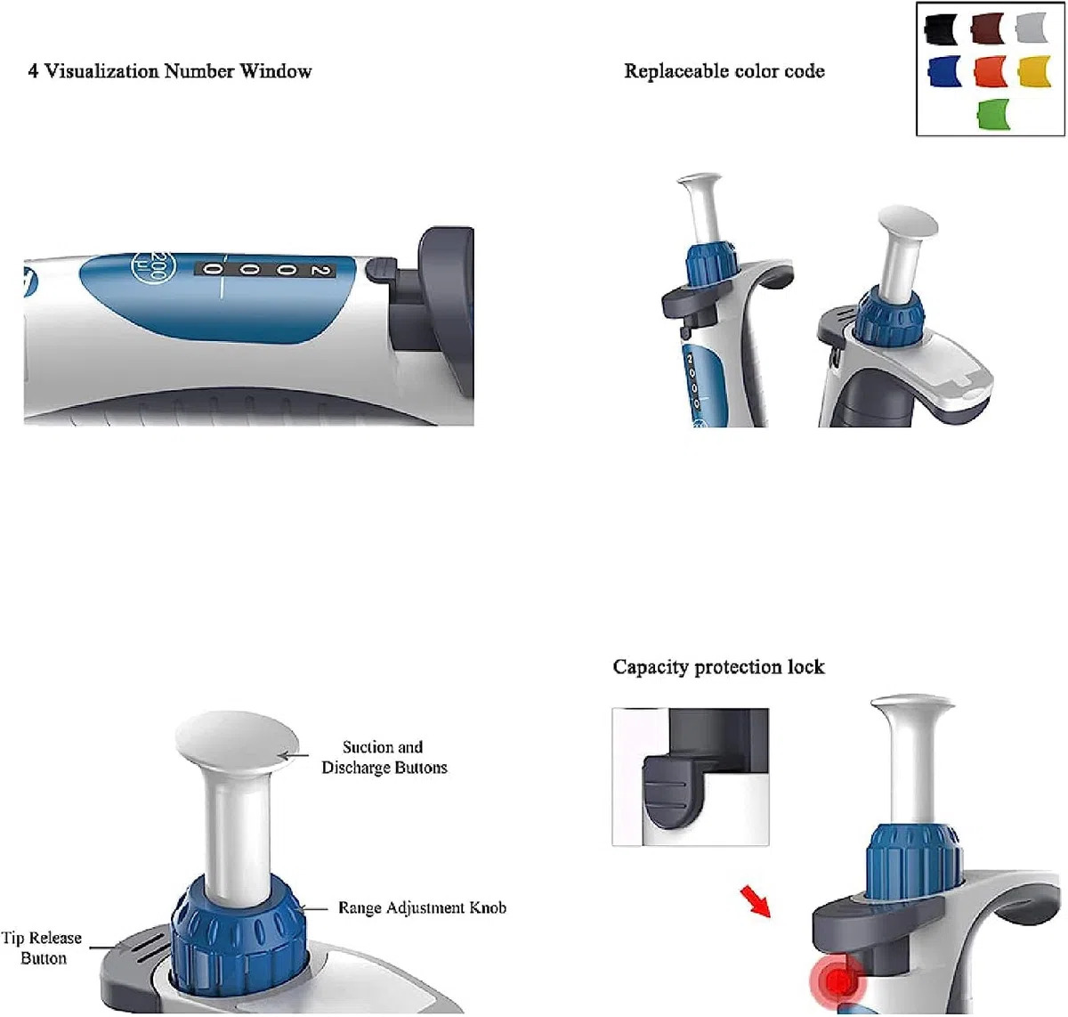 Micropipeta de laboratorio, rango de capacidad de 0.1-1ul pipeta de canal único de alta precisión, pipeta de volumen ajustable, utilizada en médico, educativo, químico.