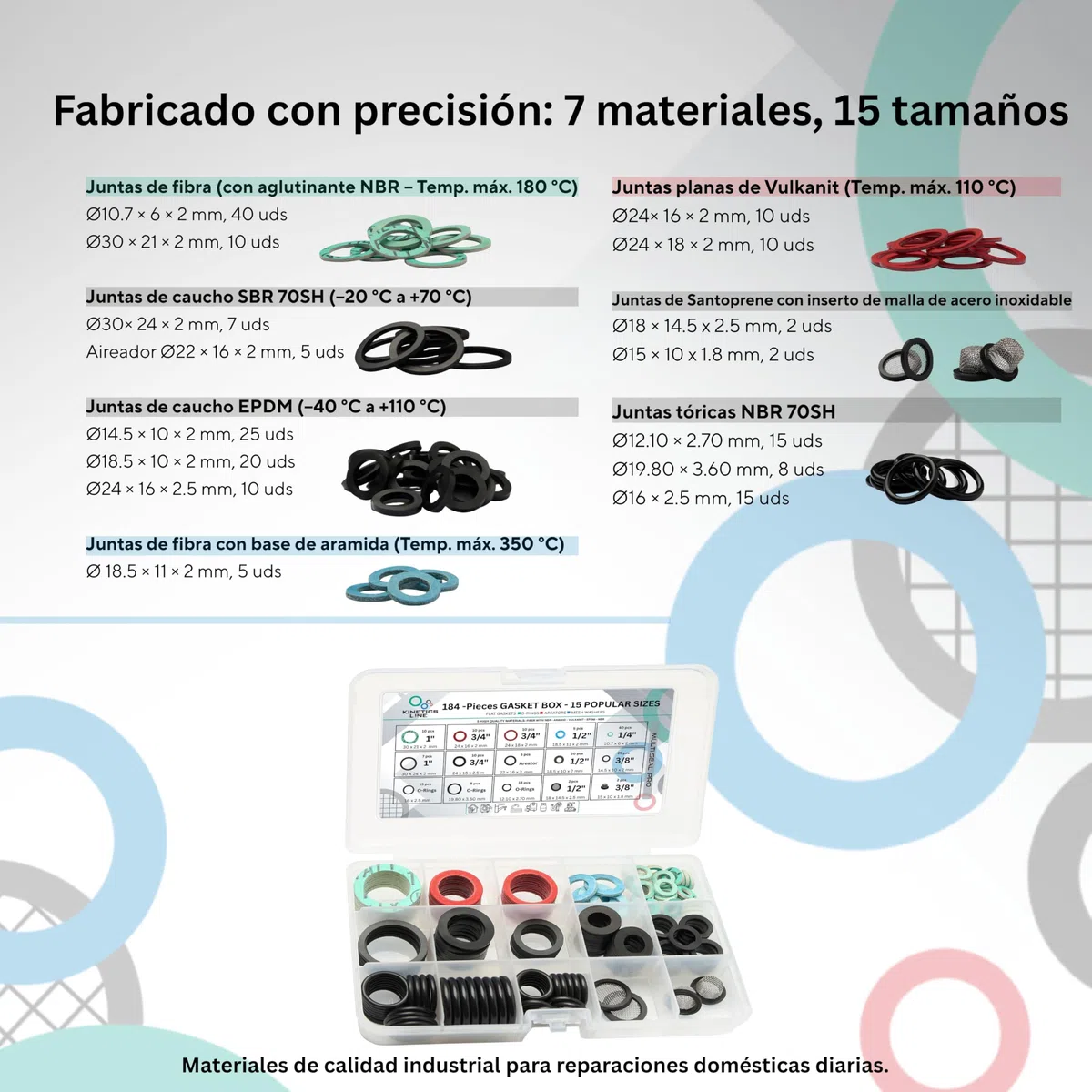 MultiSeal Box – Surtido de Juntas de 184 Piezas con 15 Tamaños Comunes para Hogar, Cocina y Baño