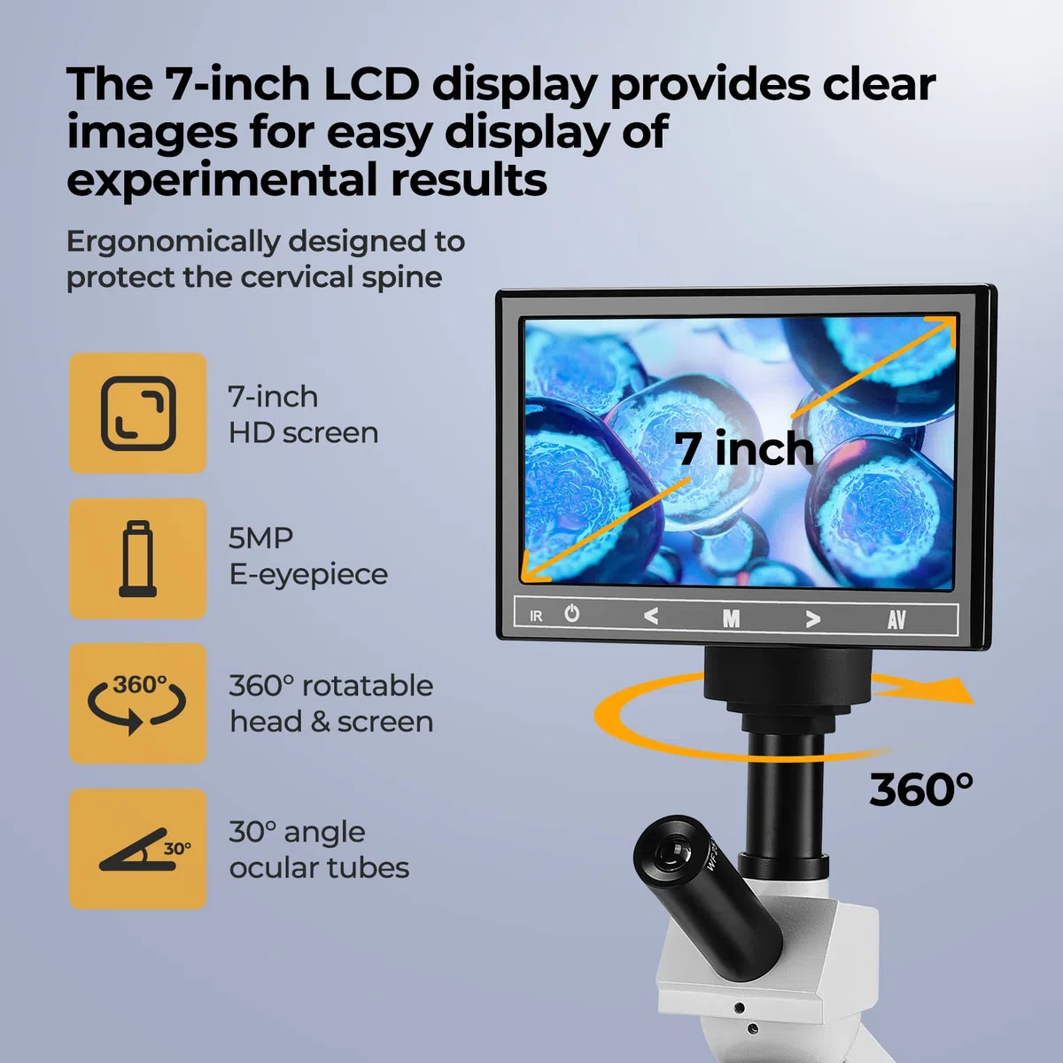 [Modelo sanguíneo] Vabiooth Dual View Laboratorio Compuesto Monocular Microscopio - Aumento 40X - 2500X, Pantalla LCD de 5MP 7″, Mesa de objetos mecánicos ajustable