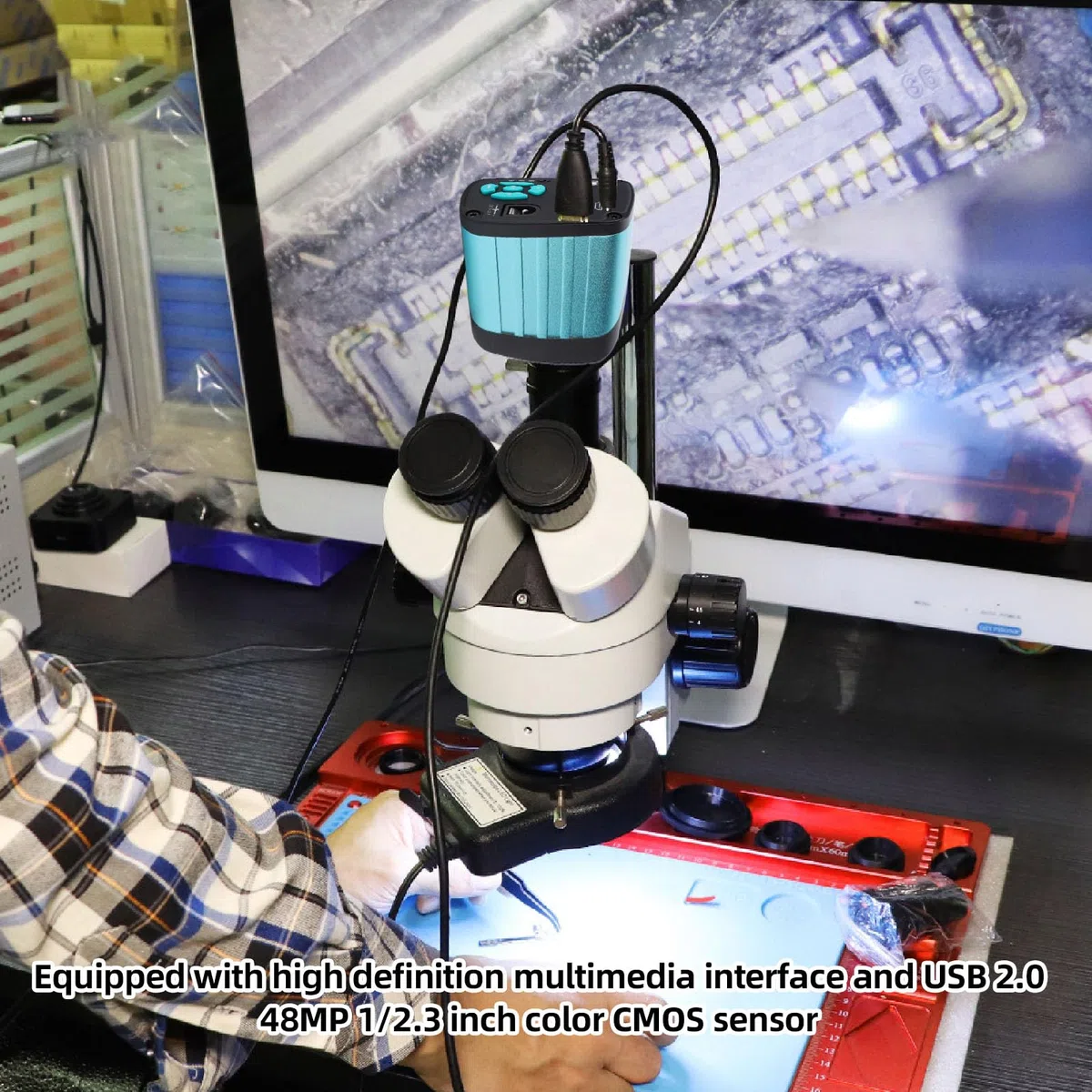 Cámara de Microscopio Electrónico, 48MP 4K 1080p USB2.0 Salida Video Industrial Cámara Video Video Industria Cámara de Microscopio HD Interfaz Multimedia para Soldadura (Enchufe