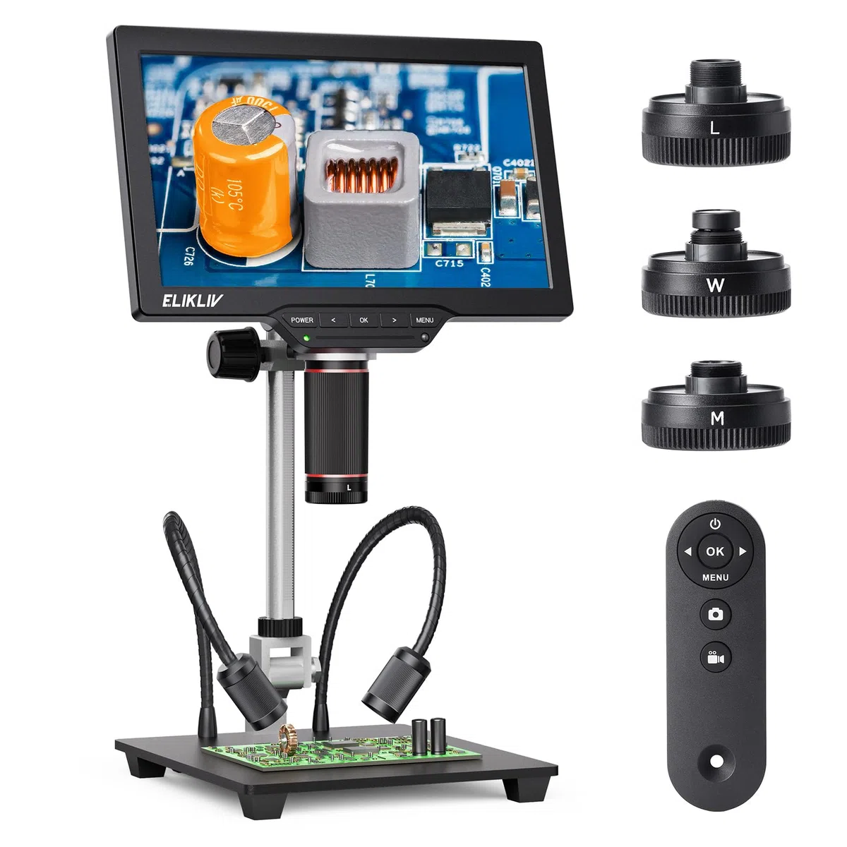 Elikliv Microscopio Digital 4K para Soldadura: TL301 MAX con 3 Lentes Magnéticas, Pantalla IPS de 10,1", Luces Laterales, Soporte de 10", Compatible con PC/TV, 64 GB