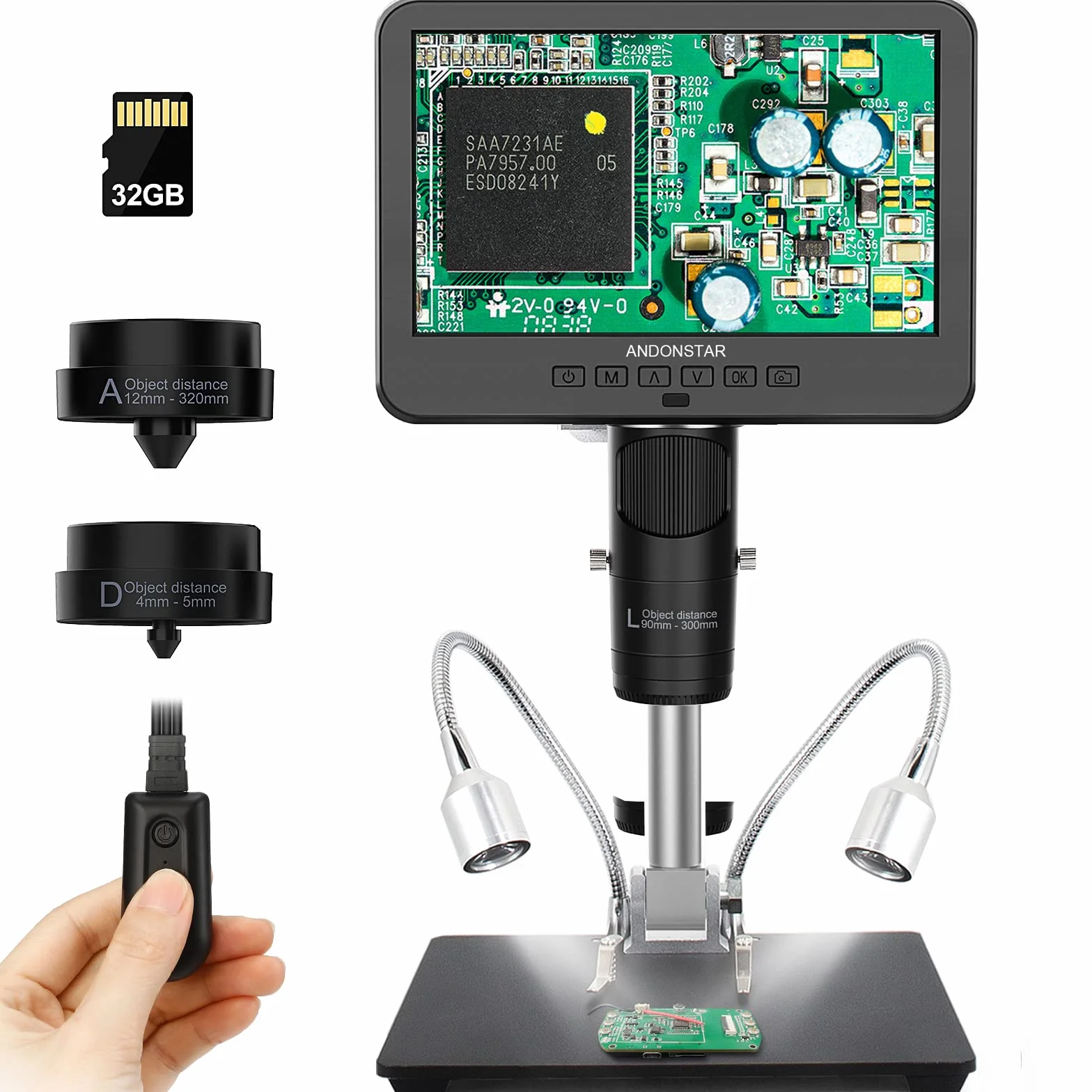 Andonstar AD246-M Microscopio Digital para Adultos, Microscopio de Soldadura de 3 Lentes, grabación de vídeo FHD 1080P, LCD de 7 Pulgadas 500x, Kit de microscopio biológico con Tarjeta 32G
