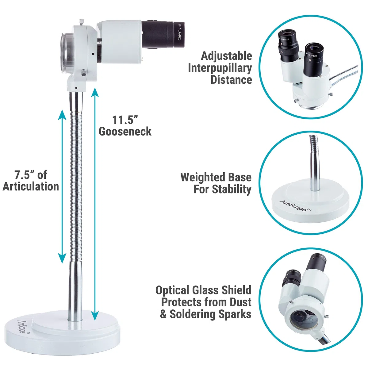 AmScope - Microscopio estéreo binocular de aumento 8X w/360 Revolve - Dental, laboratorio, reparación electrónica, soldadura, iluminador de cuello de cisne tienda - SE508