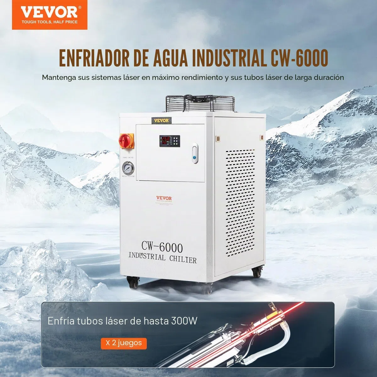 VEVOR Enfriador de Agua Industrial, Sistema de Enfriamiento de Enfriador de Agua Industrial con Compresor Capacidad del Tanque de Agua de 15 L, 65 L/min Tasa de Flujo Máximo, Máquina de Enfriamiento