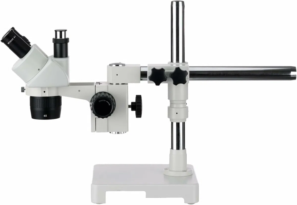 AmScope Microscopio estéreo trinocular SW-3T24Z, oculares WH10x, ampliación 20X/40X/80X, Objetivo 2X/4X, Soporte de Brazo único, Incluye Lente Barlow 2.0X