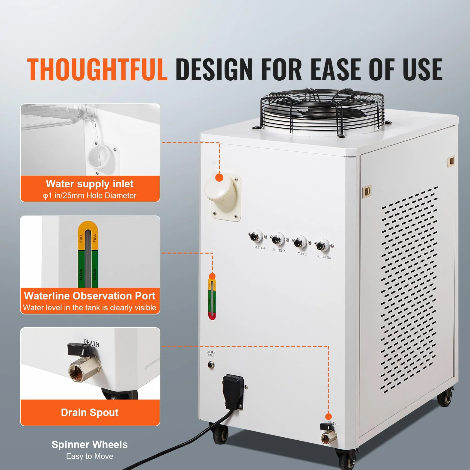 VEVOR Enfriador de Agua Industrial, Sistema de Enfriamiento de Enfriador de Agua Industrial con Compresor Capacidad del Tanque de Agua de 15 L, 65 L/min Tasa de Flujo Máximo, Máquina de Enfriamiento