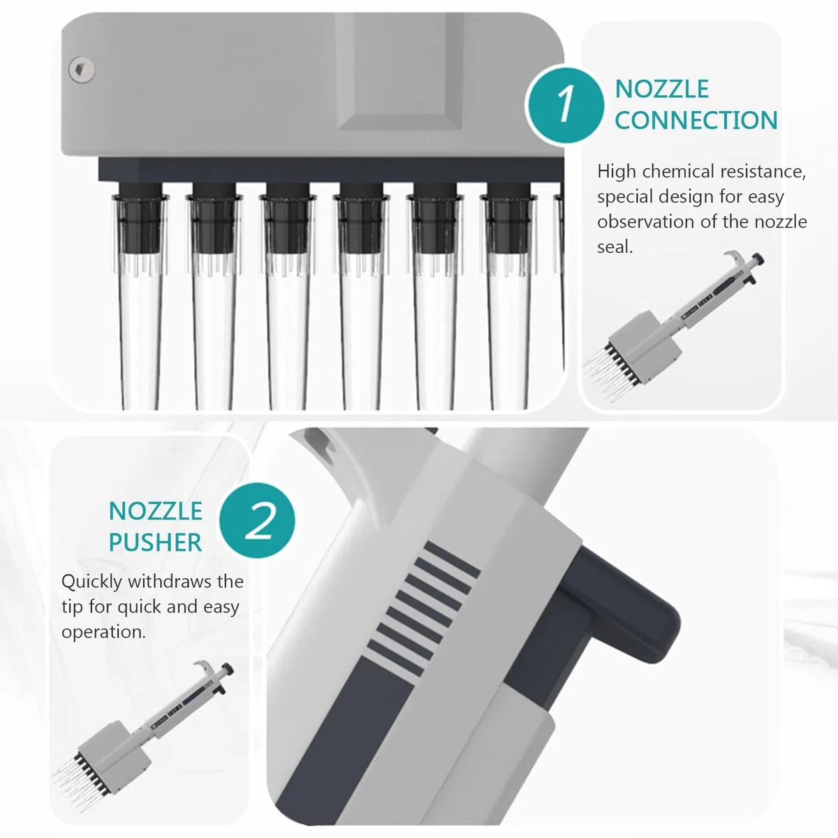 Micropipeta de volumen ajustable de 12 canales de 50 μl, pipeta de laboratorio multicanal con cabezal giratorio de 360° para una transferencia precisa de líquidos
