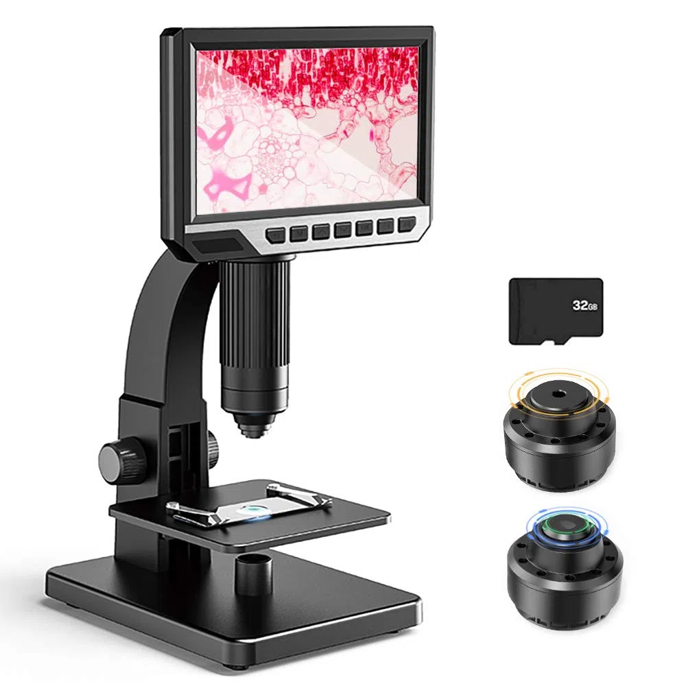 Microscopio digital LCD 7 pulgadas, lente 500-2000X, cámara 12 MP, 32G TF, 11 LED, portátil recargable, ciencia, biología, escuela, investigación