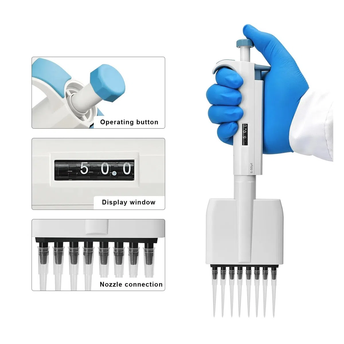 Pistola de pipeta multicanal de volumen ajustable, 8 canales, equipo de laboratorio, maquinaria(5-50ul)