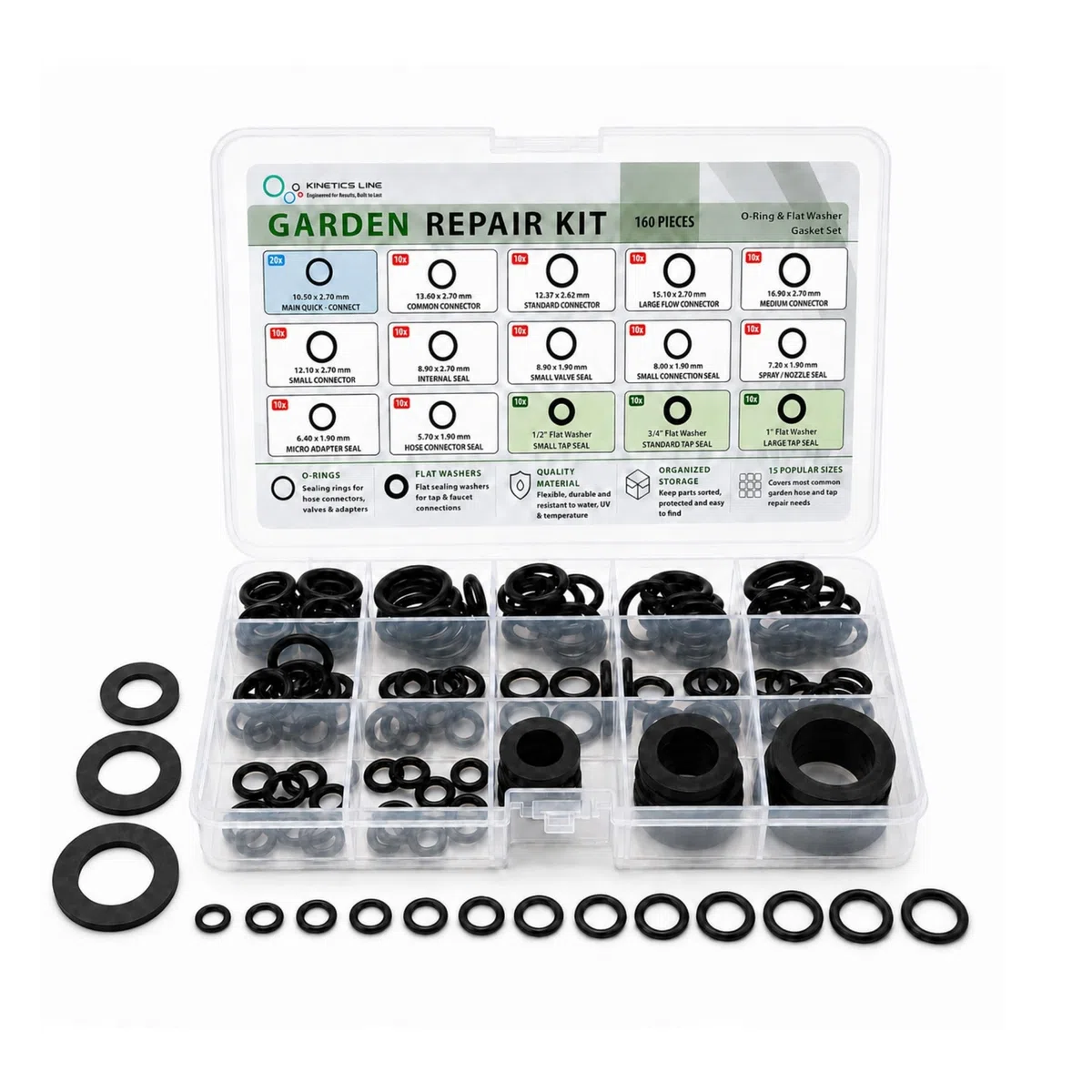 Garden Repair Kit, 160 Piezas – Juntas Tóricas y Juntas Planas de Peroxide EPDM para Manguera de Jardín, Grifo, Conector de Manguera y Aspersor
