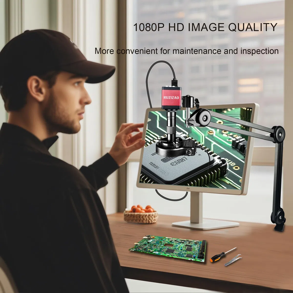 Microscopio Digital, 13MP 1080P HDMI Tipo-C/USB Cámara de Vídeo Industrial para Microscopios, Objetivo con Montura C y Zoom 150X, Soporte Plegable, Luz LED