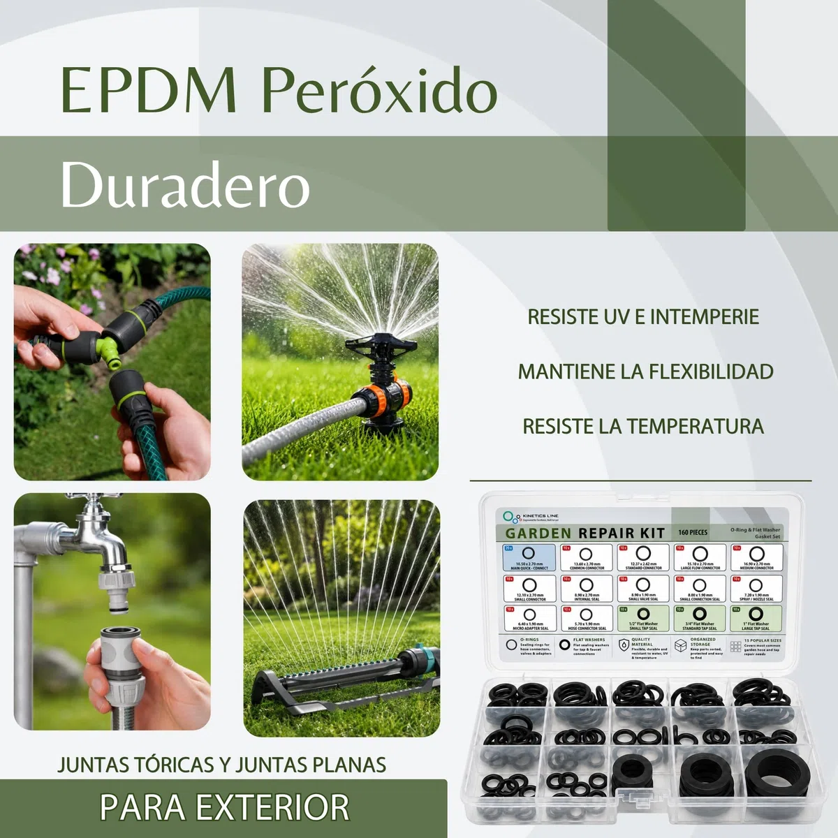 Garden Repair Kit, 160 Piezas – Juntas Tóricas y Juntas Planas de Peroxide EPDM para Manguera de Jardín, Grifo, Conector de Manguera y Aspersor