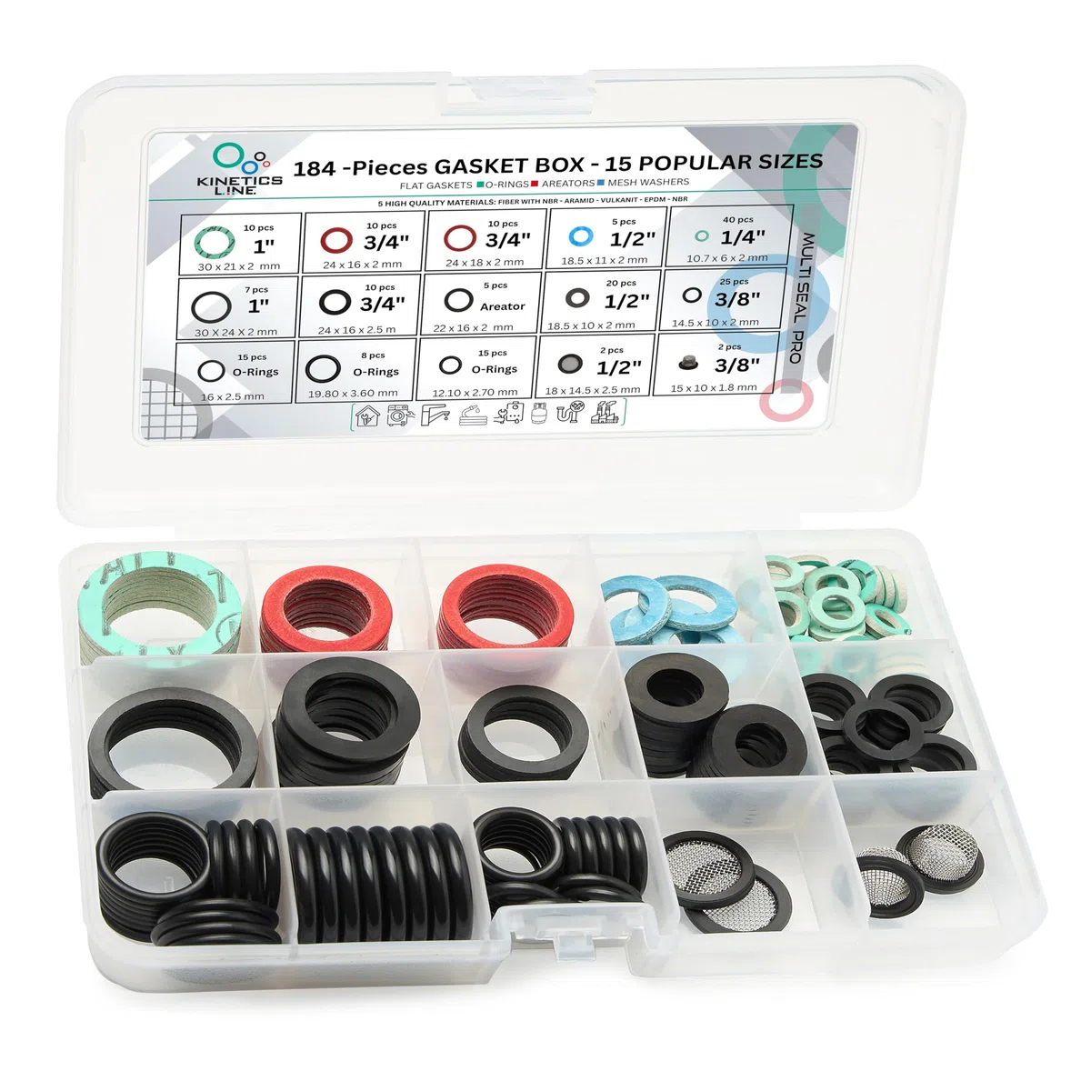 MultiSeal Box – Surtido de Juntas de 184 Piezas con 15 Tamaños Comunes para Hogar, Cocina y Baño
