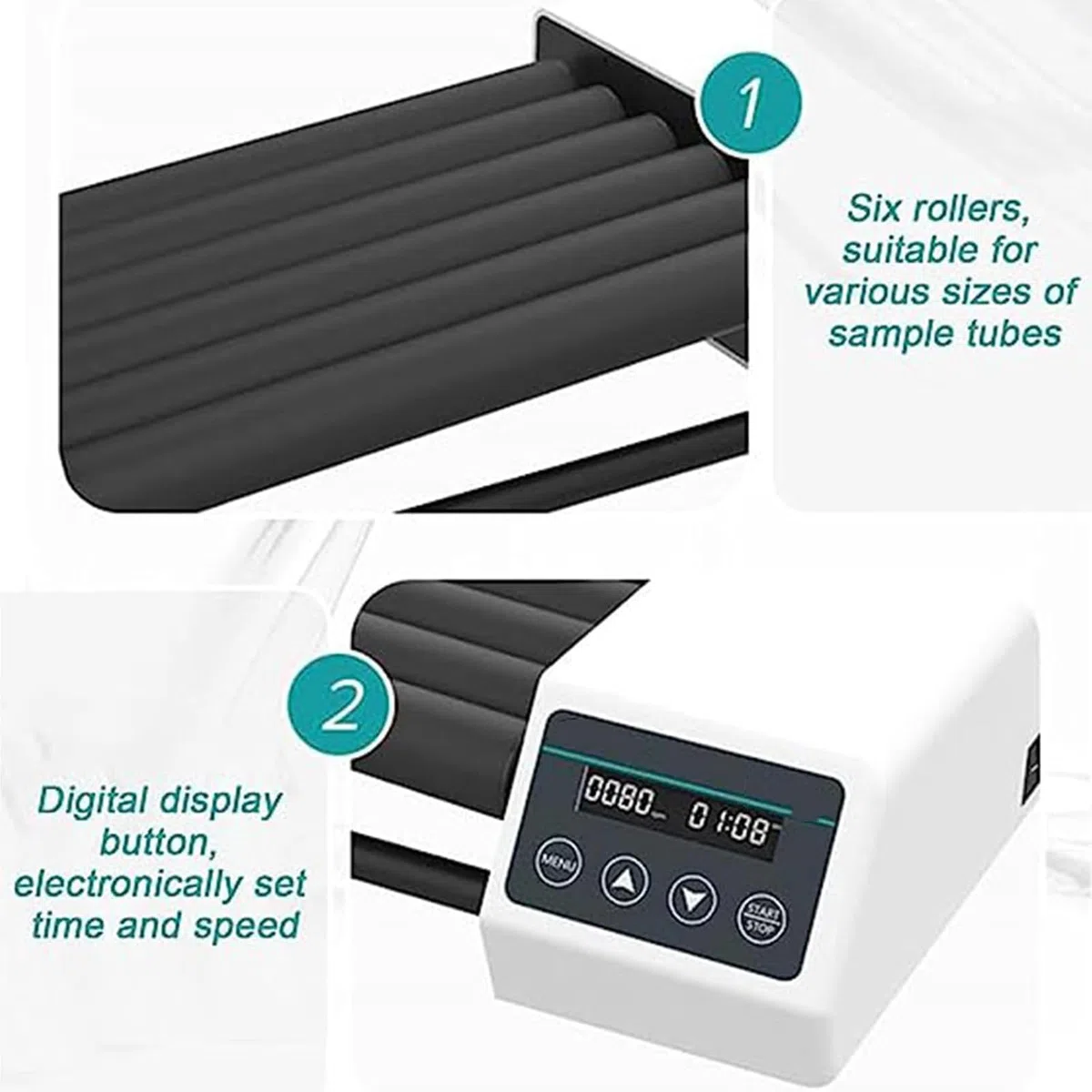 Mezclador de rodillos de laboratorio, agitador digital con velocidad ajustable de 20 a 80 RPM, modo temporizador y pantalla LED para experimentos médicos, ciencias de la vida, aplicaciones químicas