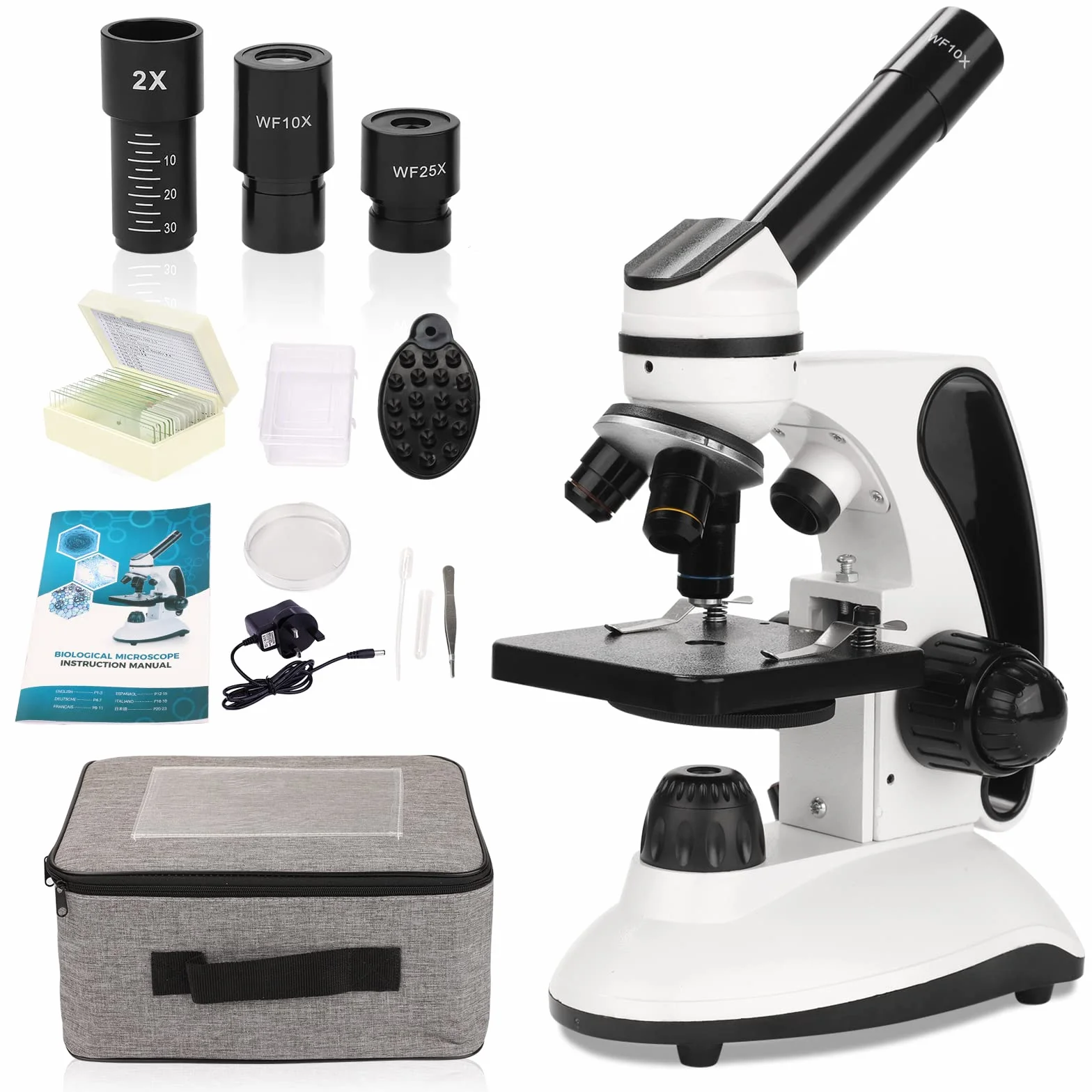 Microscopio para Niños 40X-2000X Microscopio Profesional, con Adaptador de Teléfono, Juego de Portaobjetos de Microscopio para Laboratorio Escolar, Hogar, Investigación Científica Biológica
