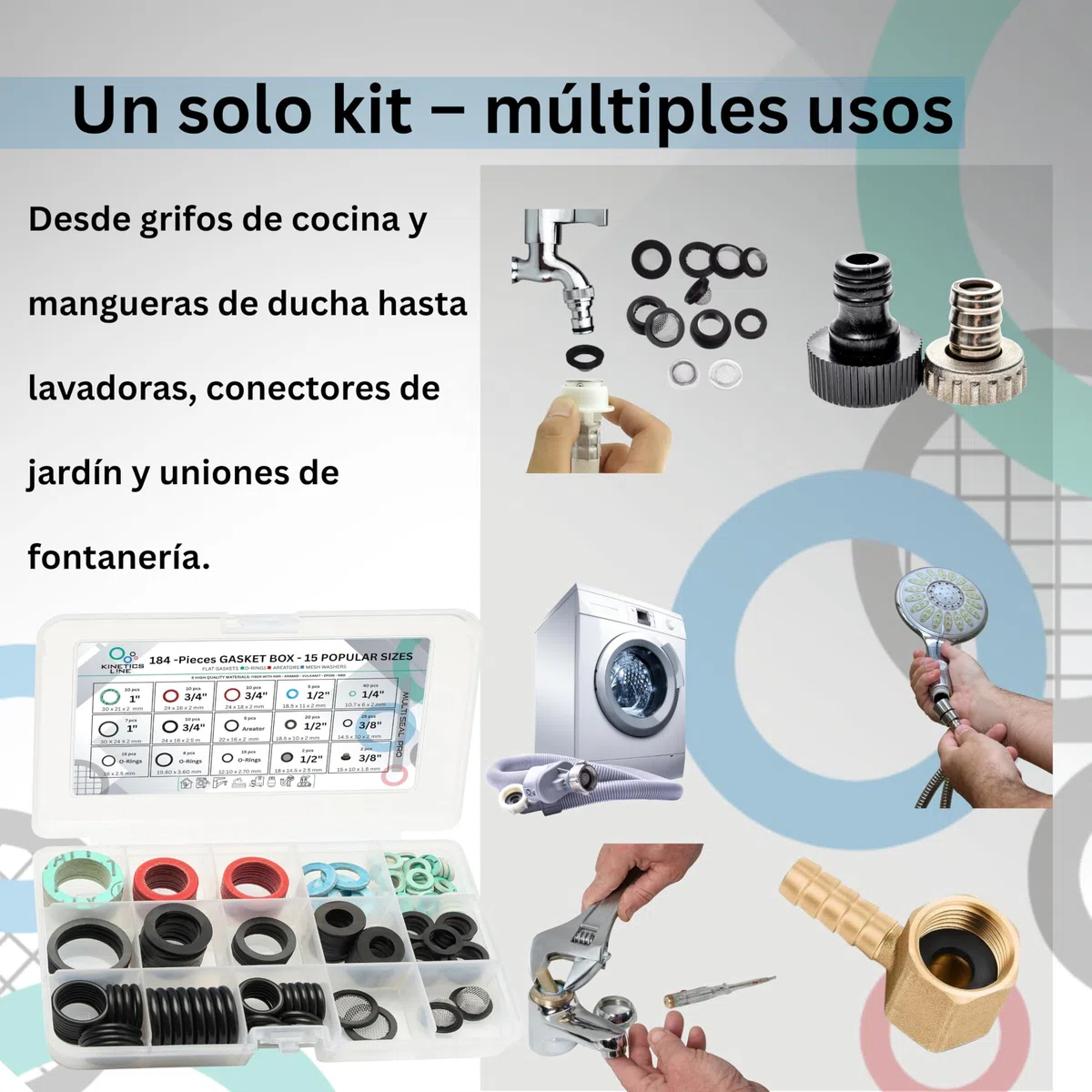 MultiSeal Box – Surtido de Juntas de 184 Piezas con 15 Tamaños Comunes para Hogar, Cocina y Baño