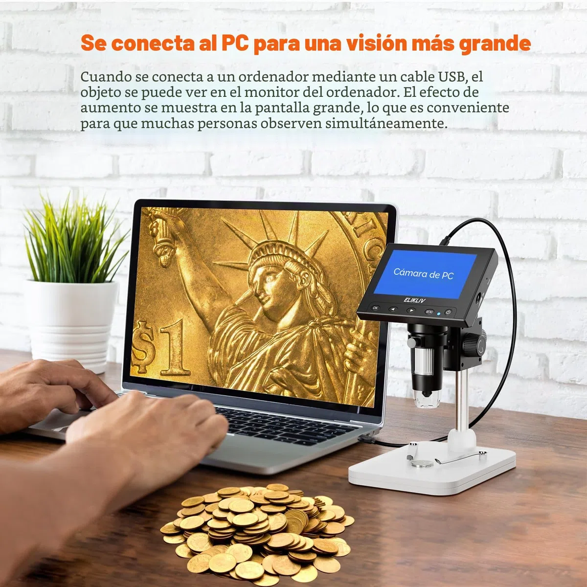 Elikliv Microscopio Digital LCD para Monedas 1000x, Lupa con 8 Luces LED Ajustables, Vista PC Compatible con Windows, EDM4, 4,3 Pulgadas