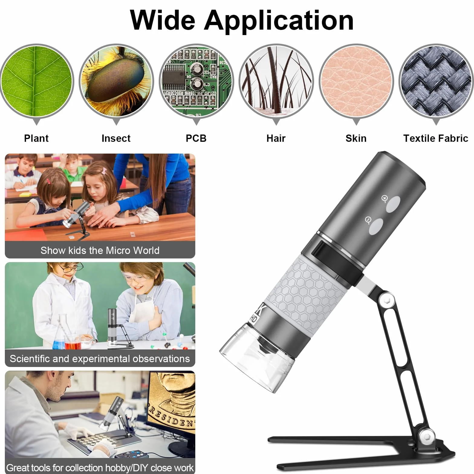 Microscopio Digital WiFi 4K 3840 x 2160p para iPhone Android y Windows Mac PC, cámara de microscopio de Mano inalámbrica, microscopio portátil con Soporte de Metal para Adultos y niños