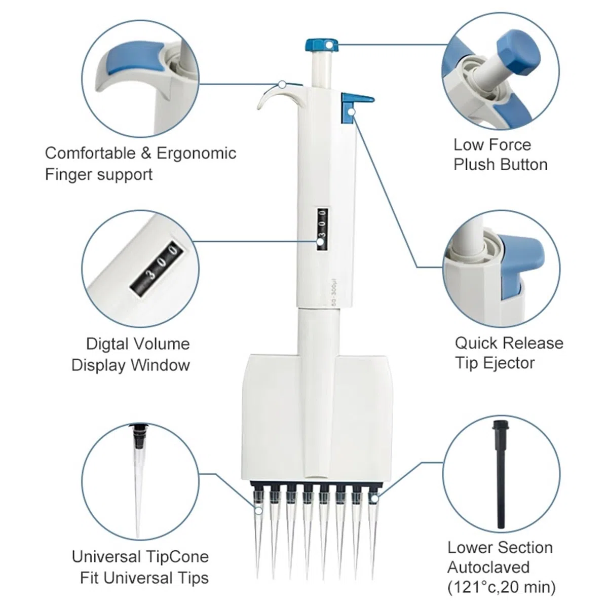 Pipetas Pipeta, Multicanal 0,5μl-300μl Volumen Variable Manual Digital Micropipeta Ajustable De 8/12 Canales,Laboratorio(12 Channels 50-300ul)