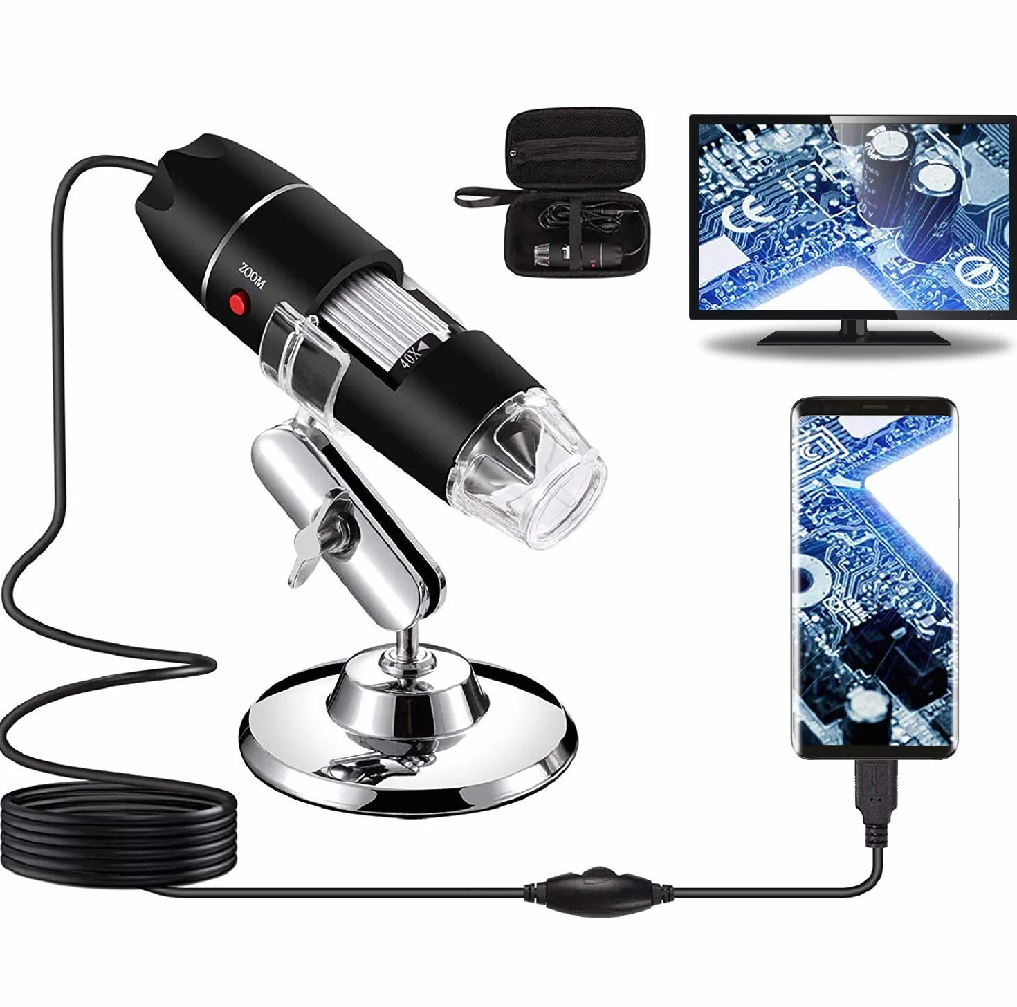 Microscopio Digital USB 40X a 1000X, Bysameyee 8 LED Cámara de endoscopio de Aumento con Estuche y Soporte de Metal, Compatible para Android Windows 7 8 10 Linux Mac