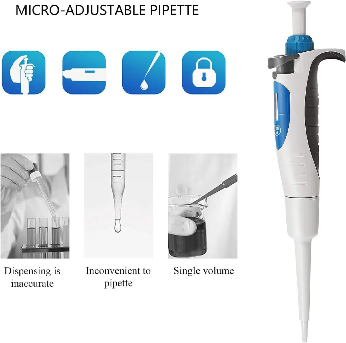 Micropipeta de laboratorio, rango de capacidad de 0.1-1ul pipeta de canal único de alta precisión, pipeta de volumen ajustable, utilizada en médico, educativo, químico.