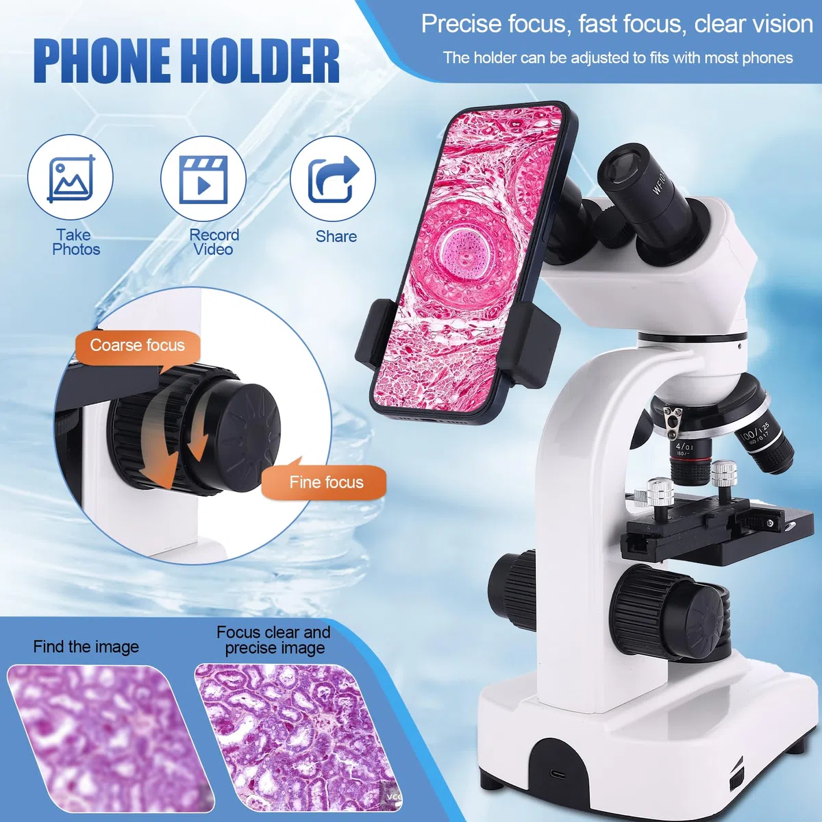 Microscopio para adultos y niños, microscopio binocular 40-2500X para laboratorio escolar y escuela en casa, con etapas mecánicas, juego de diapositivas y soporte para teléfono