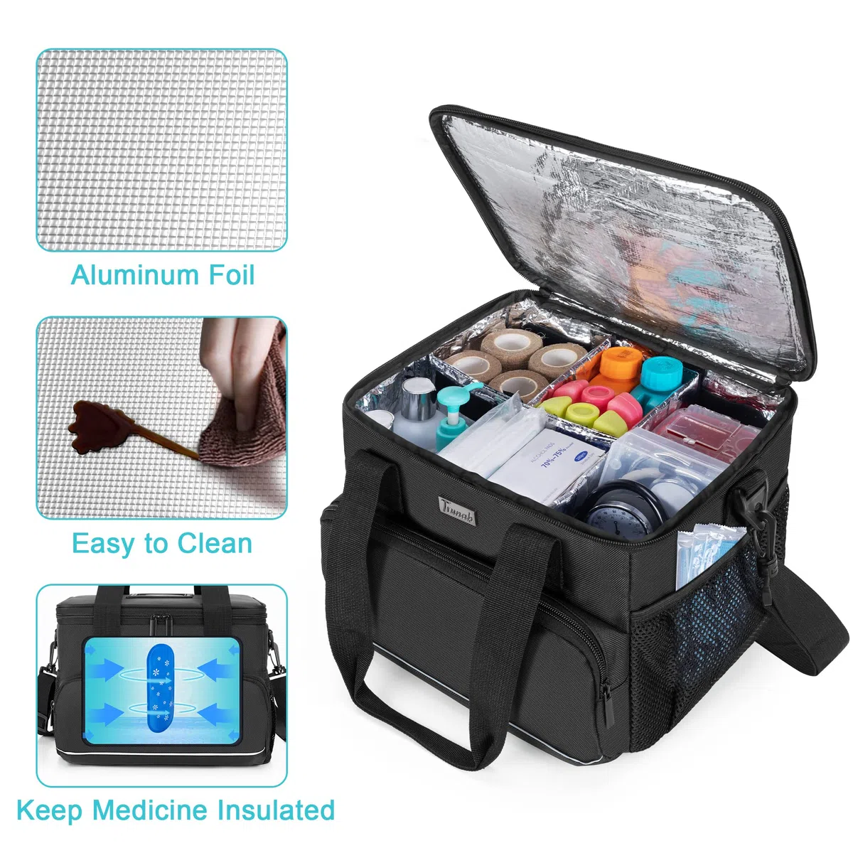 Trunab Bolsa Médica Aislada con Divisores Ajustables, Bolsa de Insulina Resistente al Agua para Hogar, Viajes y Campamentos, Diseño Patentado, Negro