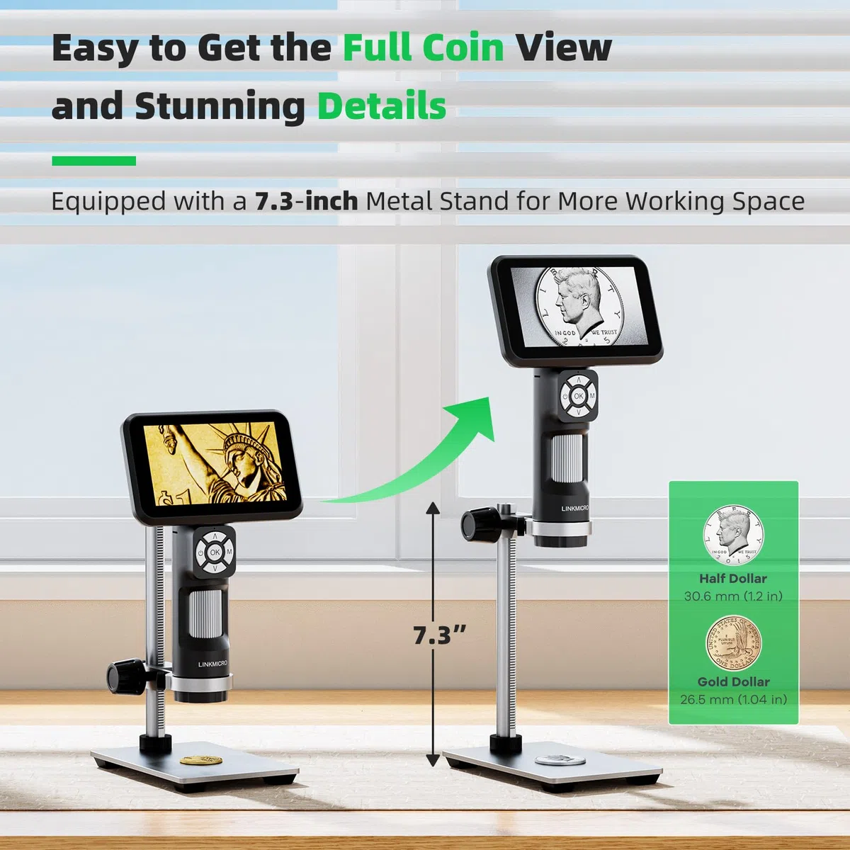 Microscopio digital HDMI 4K para monedas, video UHD 3840P, cámara de microscopio 4K de 1200X con pantalla de 5 pulgadas, lupa de monedas de mano para adultos, 8 luces LED, soporte de metal