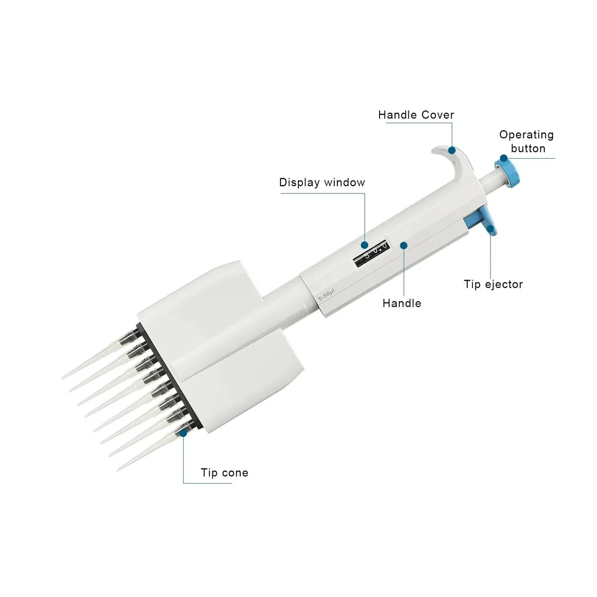 Pistola de pipeta multicanal de volumen ajustable, 8 canales, equipo de laboratorio, maquinaria(5-50ul)