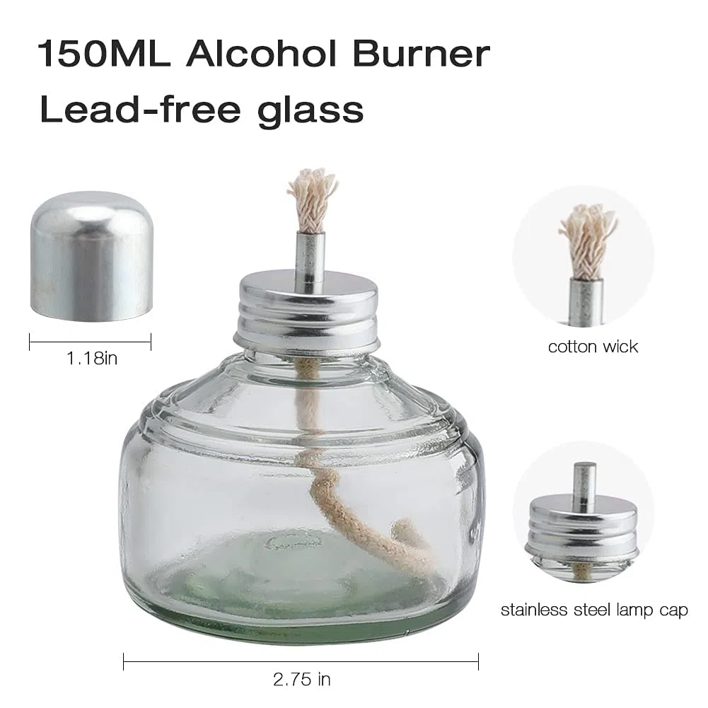 Quemador de lámpara de alcohol de cristal, juego de quemadores Bunsen clásico de nueva generación, equipo de laboratorio de 150 ml, con 5 mechas de repuesto y embudo y tapa de metal
