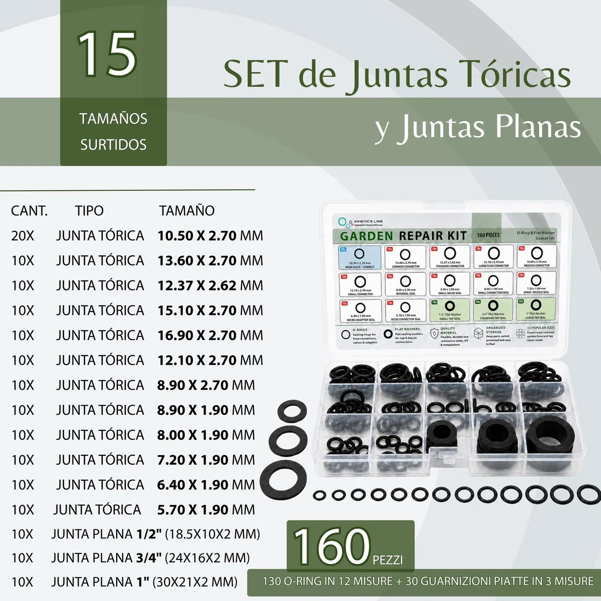 Garden Repair Kit, 160 Piezas – Juntas Tóricas y Juntas Planas de Peroxide EPDM para Manguera de Jardín, Grifo, Conector de Manguera y Aspersor