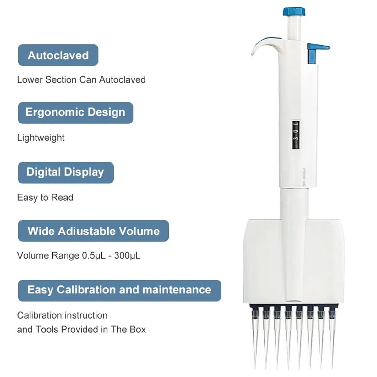 Pipetas Pipeta, Multicanal 0,5μl-300μl Volumen Variable Manual Digital Micropipeta Ajustable De 8/12 Canales,Laboratorio(12 Channels 50-300ul)