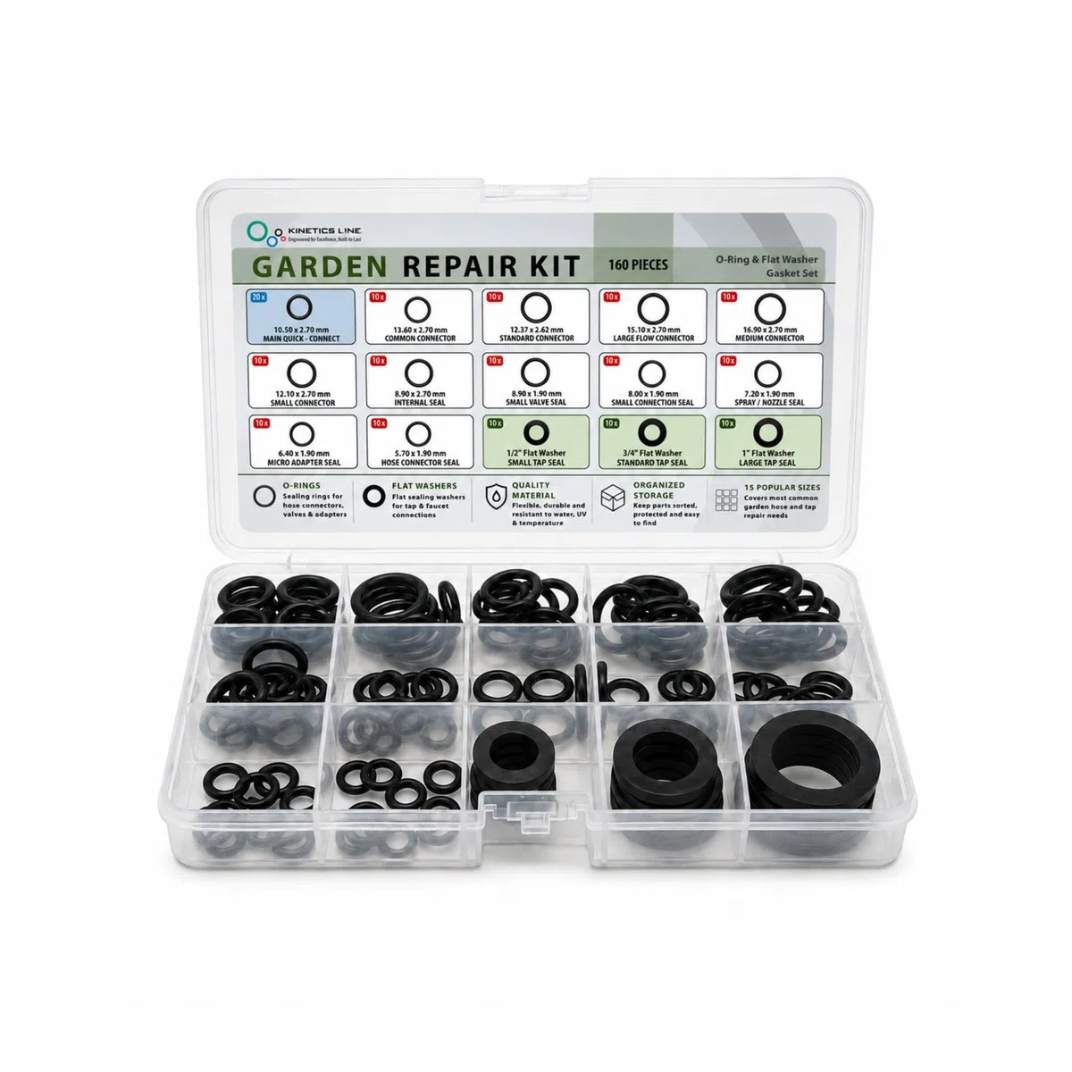Garden Repair Kit, 160 Piezas – Juntas Tóricas y Juntas Planas de Peroxide EPDM para Manguera de Jardín, Grifo, Conector de Manguera y Aspersor