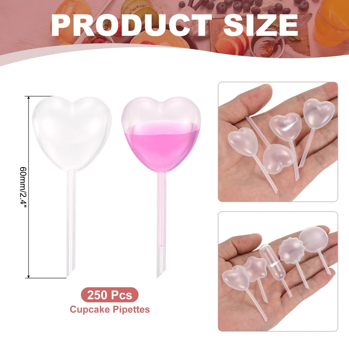 PATIKIL Pipetas para Cupcakes, 250 Pcs 4ml Pipetas Desechables de Plástico Pipetas de Fresa Pipetas de Transferencia Goteros para Cupcakes Postres, Transparentes, Forma de Corazón