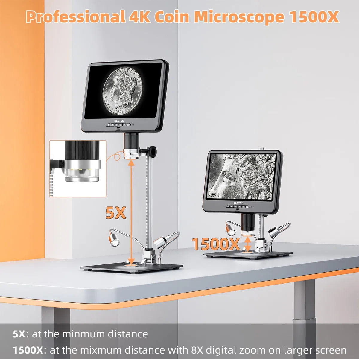 GLG208SE - Microscopio digital HDMI 4K 30FPS 1500X con micrófono para reparación electrónica, pantalla dual de 10.1 pulgadas, audio de video UHD 3840P para soldadura PCB, microscopio de monedas, vista